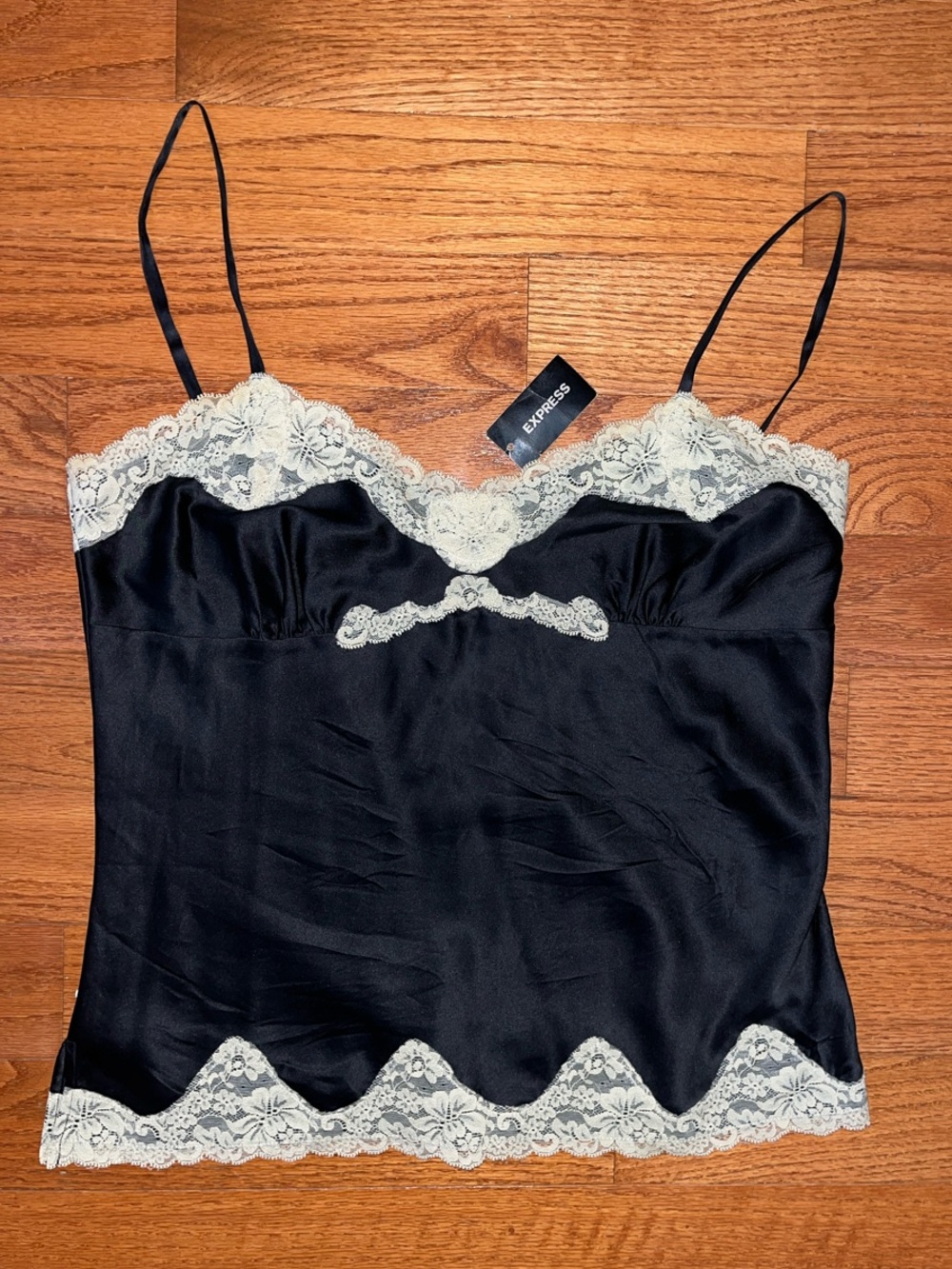 Express Vintage Black Satin Cami with Ivory Lace Trim NWT — Size L